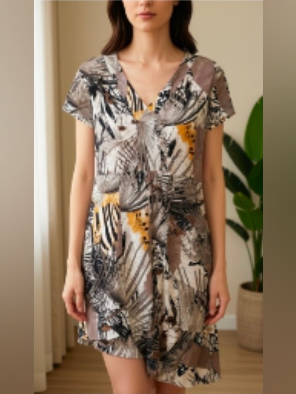 Taupe & Mustard Tropical-Print Dress